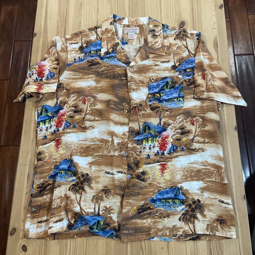 Vintage Shirt Michael Gerald Size XL 80s Brown Golden Beige Hand Screened Rayon